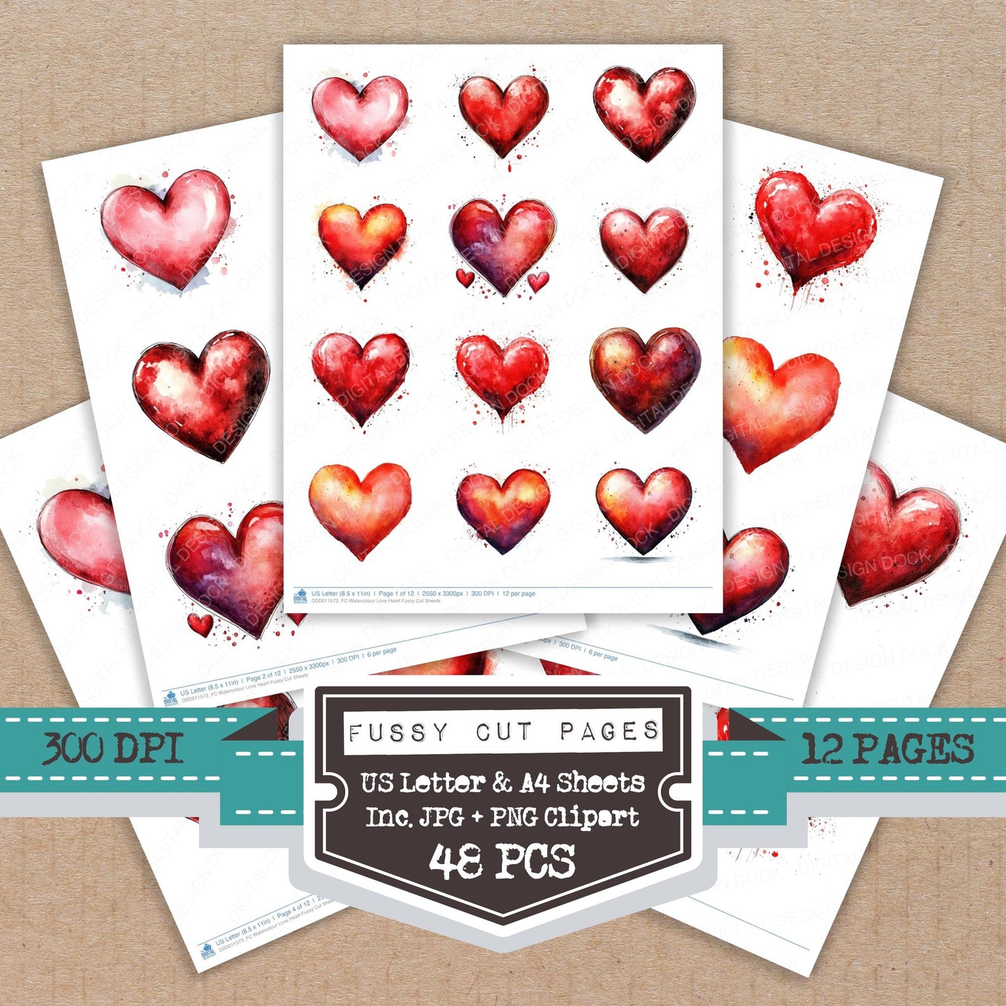 Watercolour Love Heart fussy cut printable sheets for junk journaling, scrapbooking, and paper craft projects