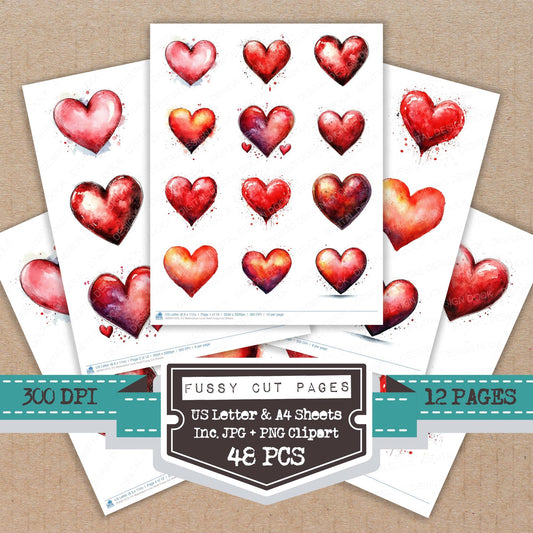 Watercolour Love Heart fussy cut printable sheets for junk journaling, scrapbooking, and paper craft projects