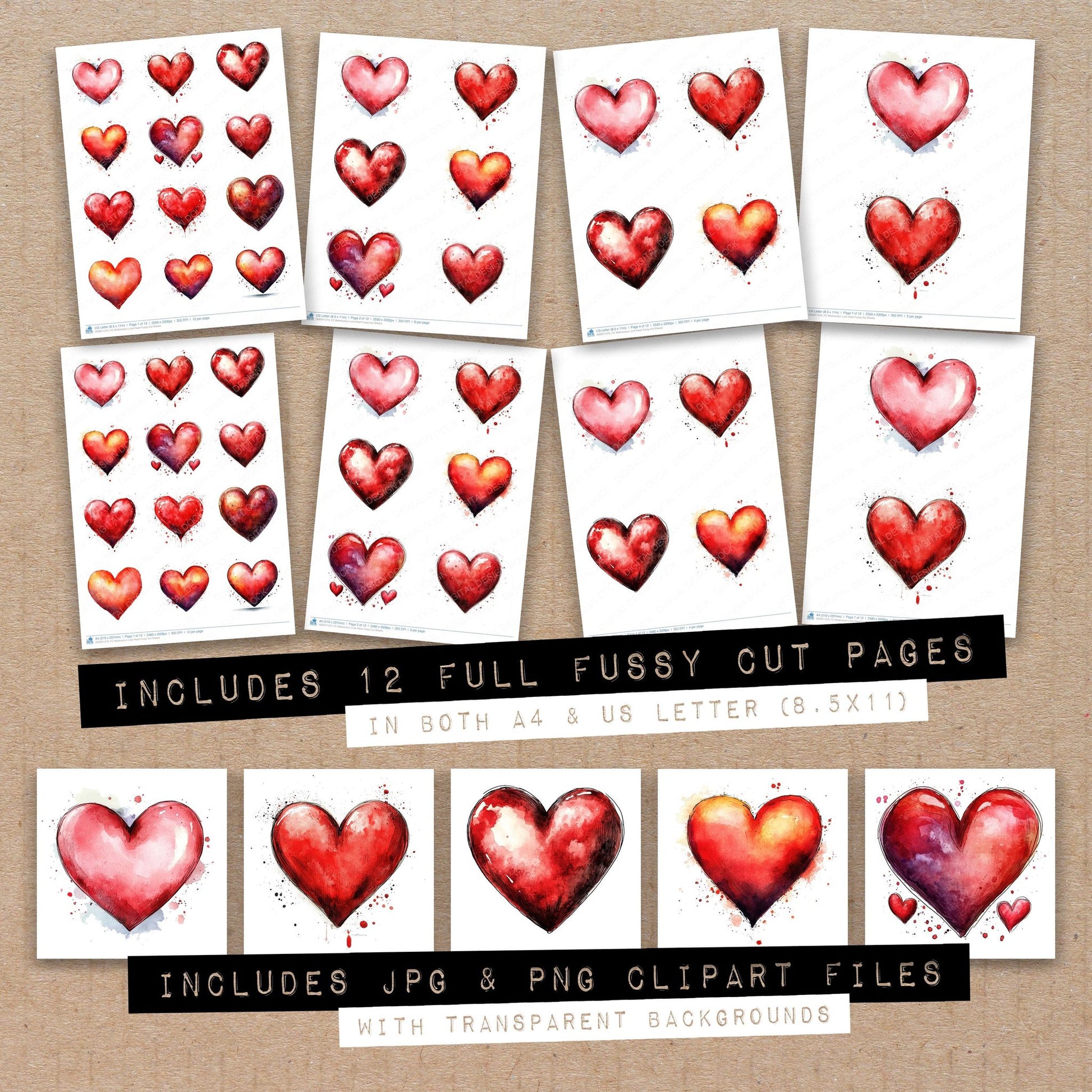 Full collection view of Watercolour Love Heart fussy cut sheets with bonus clipart JPG and PNG files