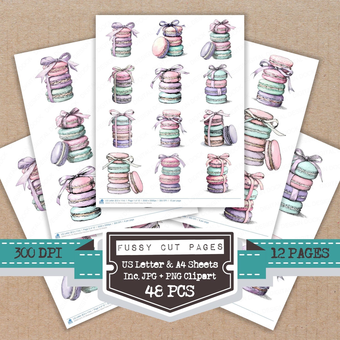 Watercolour Macaron Stack fussy cut printable sheets for junk journaling, scrapbooking, and paper craft projects