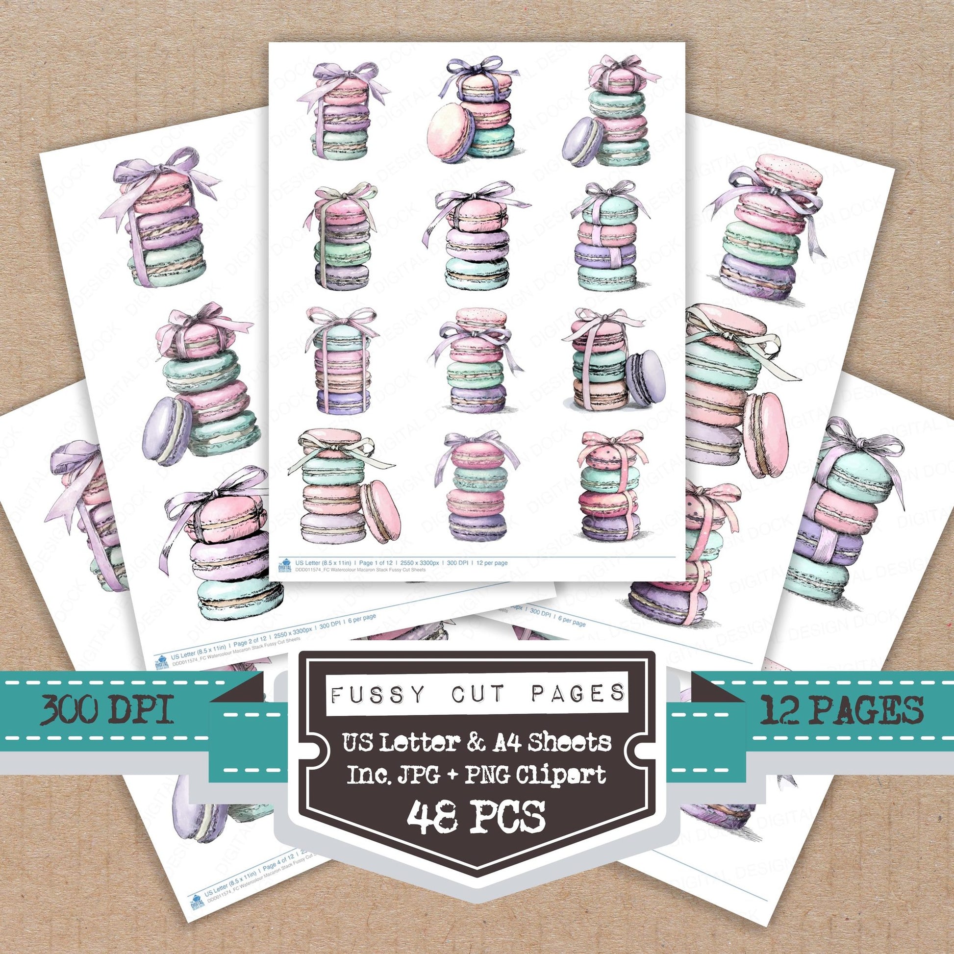 Watercolour Macaron Stack fussy cut printable sheets for junk journaling, scrapbooking, and paper craft projects