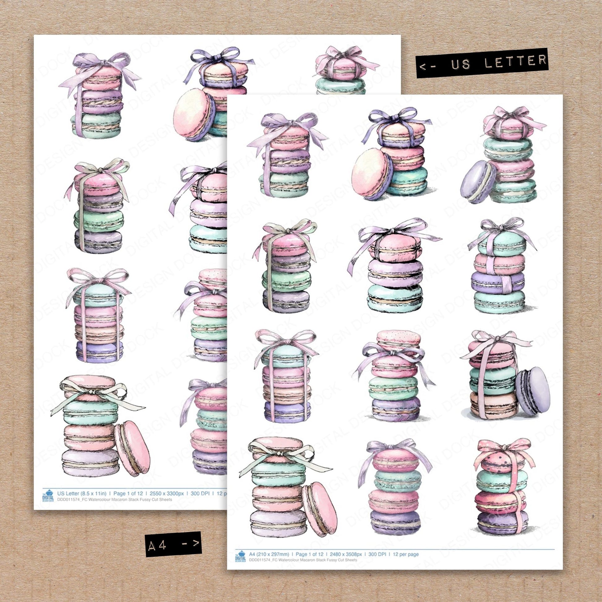 A4 and US Letter format comparison showing Watercolour Macaron Stack fussy cut pages for print and cut crafting