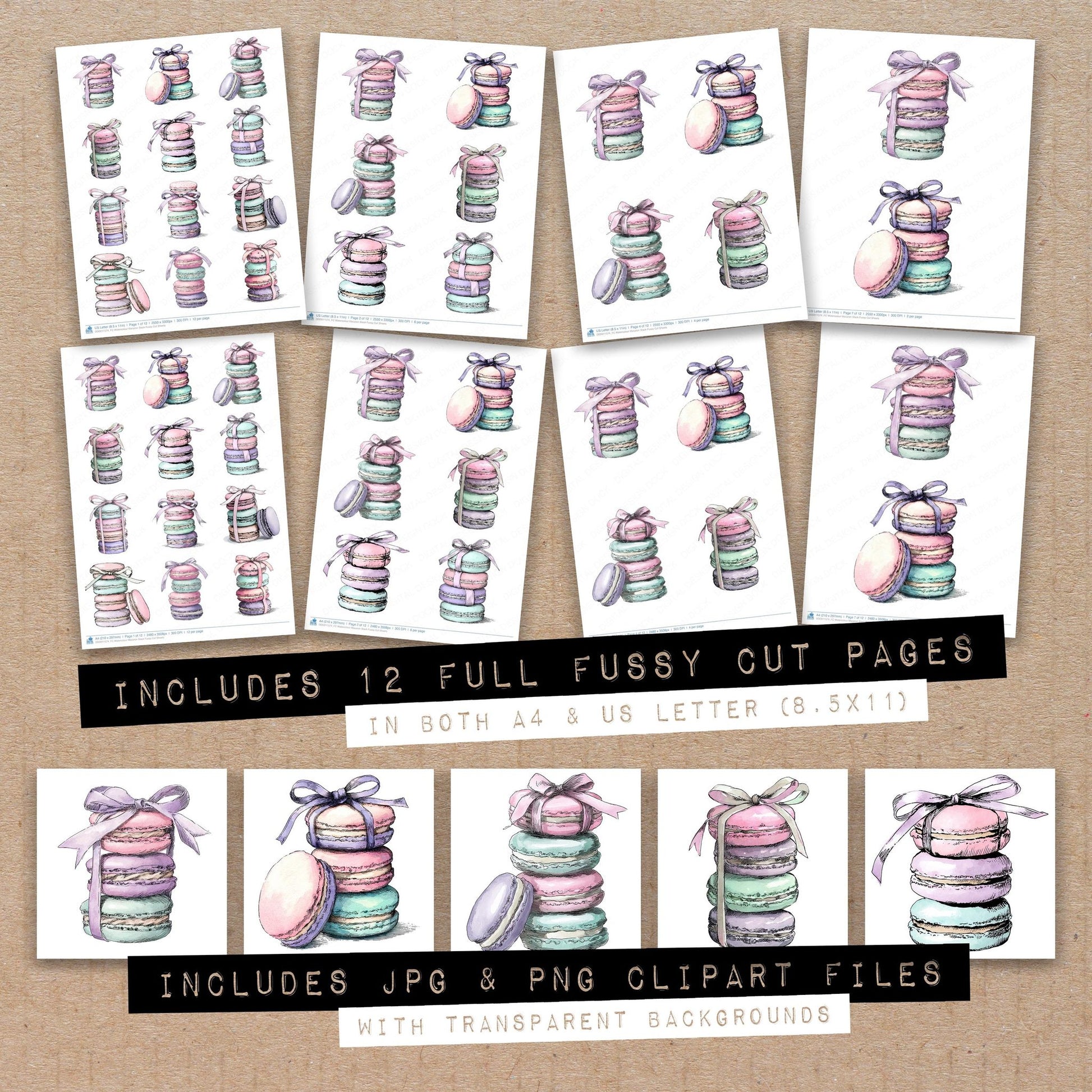 Full collection view of Watercolour Macaron Stack fussy cut sheets with bonus clipart JPG and PNG files