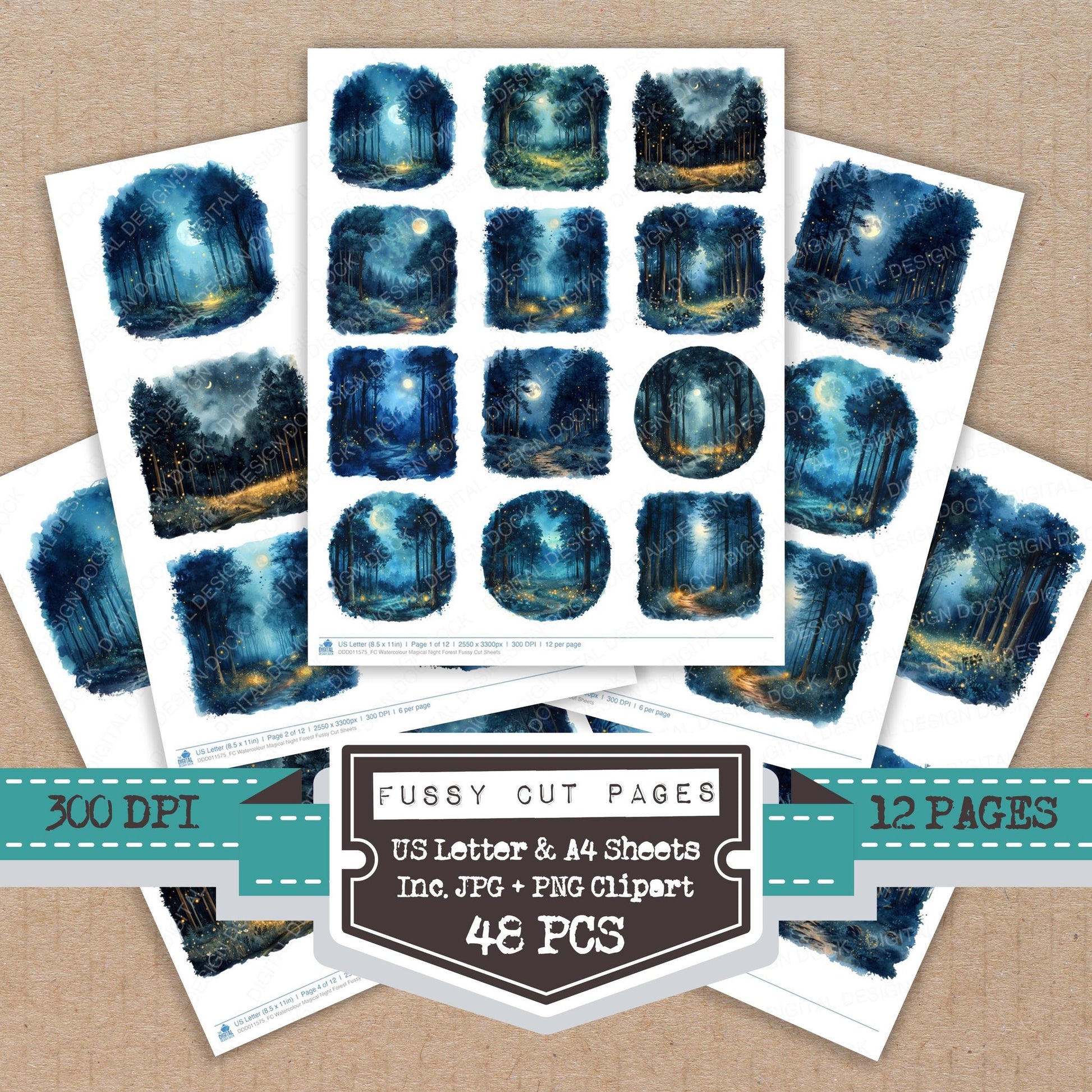 Watercolour Magical Night Forest fussy cut printable sheets for junk journaling, scrapbooking, and paper craft projects