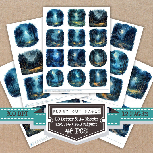 Watercolour Magical Night Forest fussy cut printable sheets for junk journaling, scrapbooking, and paper craft projects