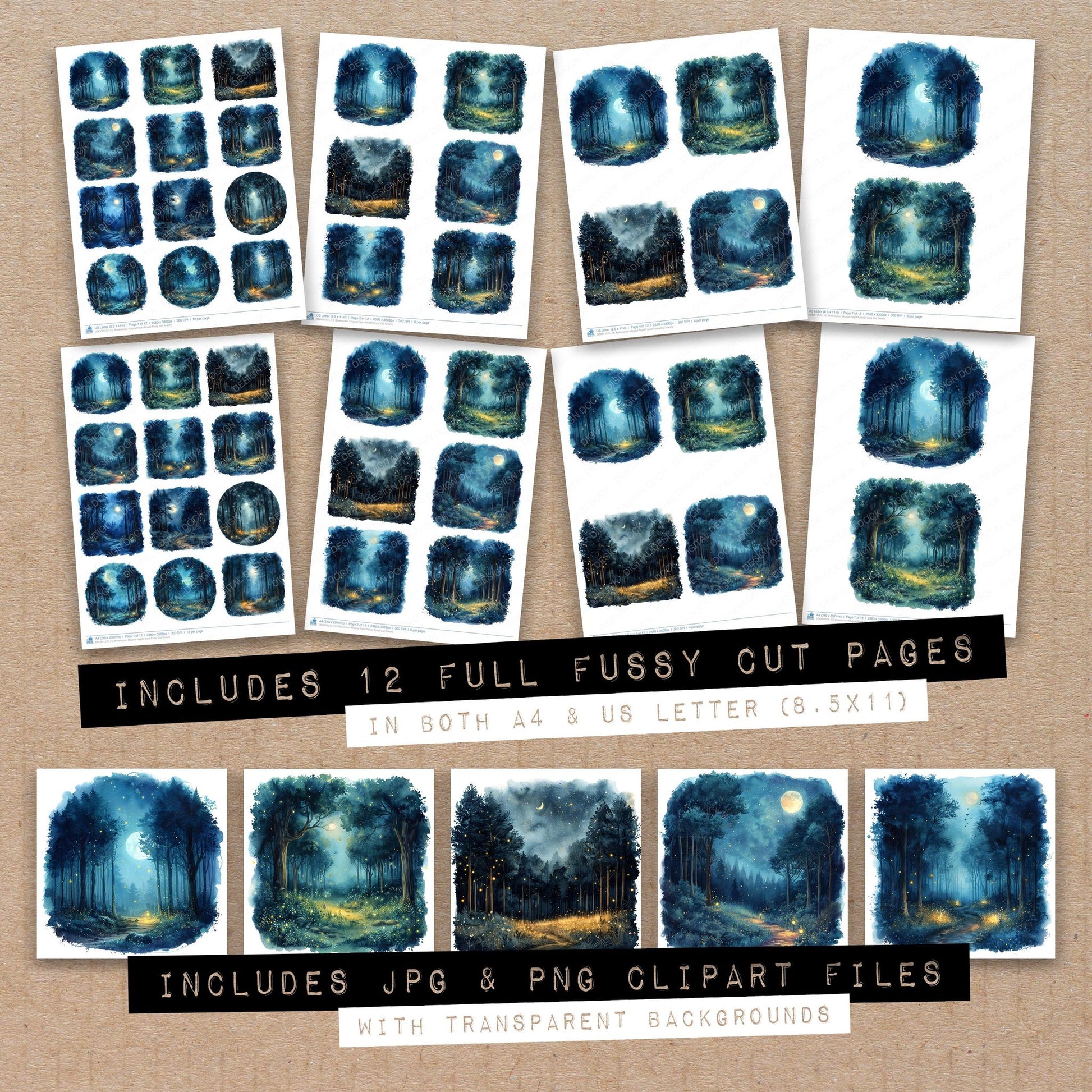 Full collection view of Watercolour Magical Night Forest fussy cut sheets with bonus clipart JPG and PNG files