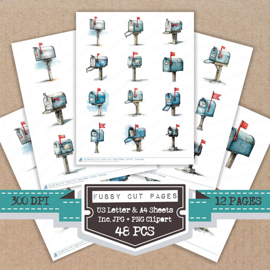 Watercolour Mailbox Flag fussy cut printable sheets for junk journaling, scrapbooking, and paper craft projects