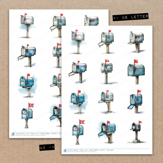A4 and US Letter format comparison showing Watercolour Mailbox Flag fussy cut pages for print and cut crafting