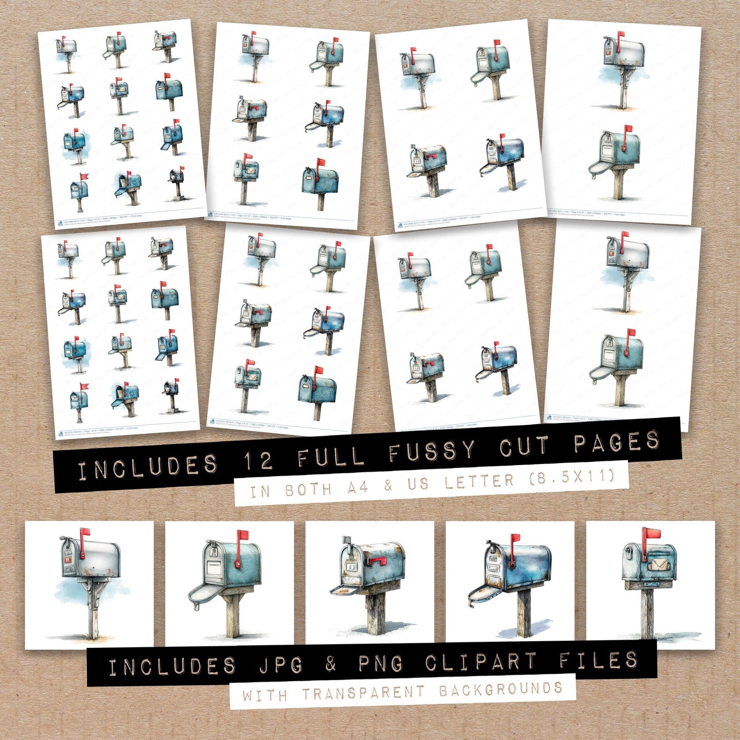 Full collection view of Watercolour Mailbox Flag fussy cut sheets with bonus clipart JPG and PNG files