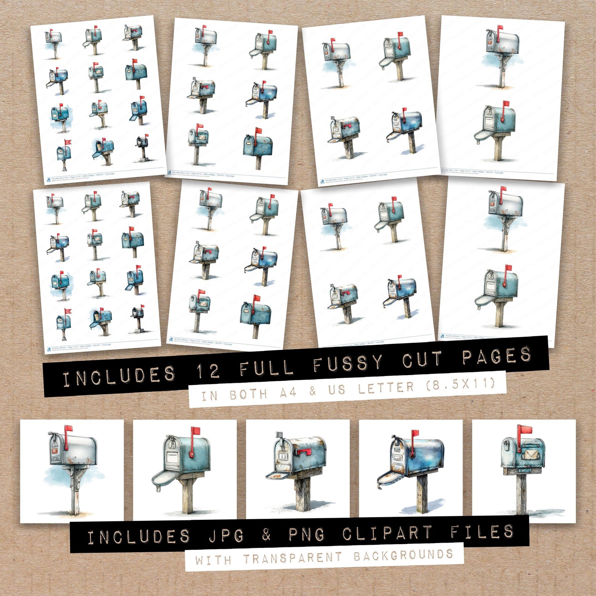 Full collection view of Watercolour Mailbox Flag fussy cut sheets with bonus clipart JPG and PNG files