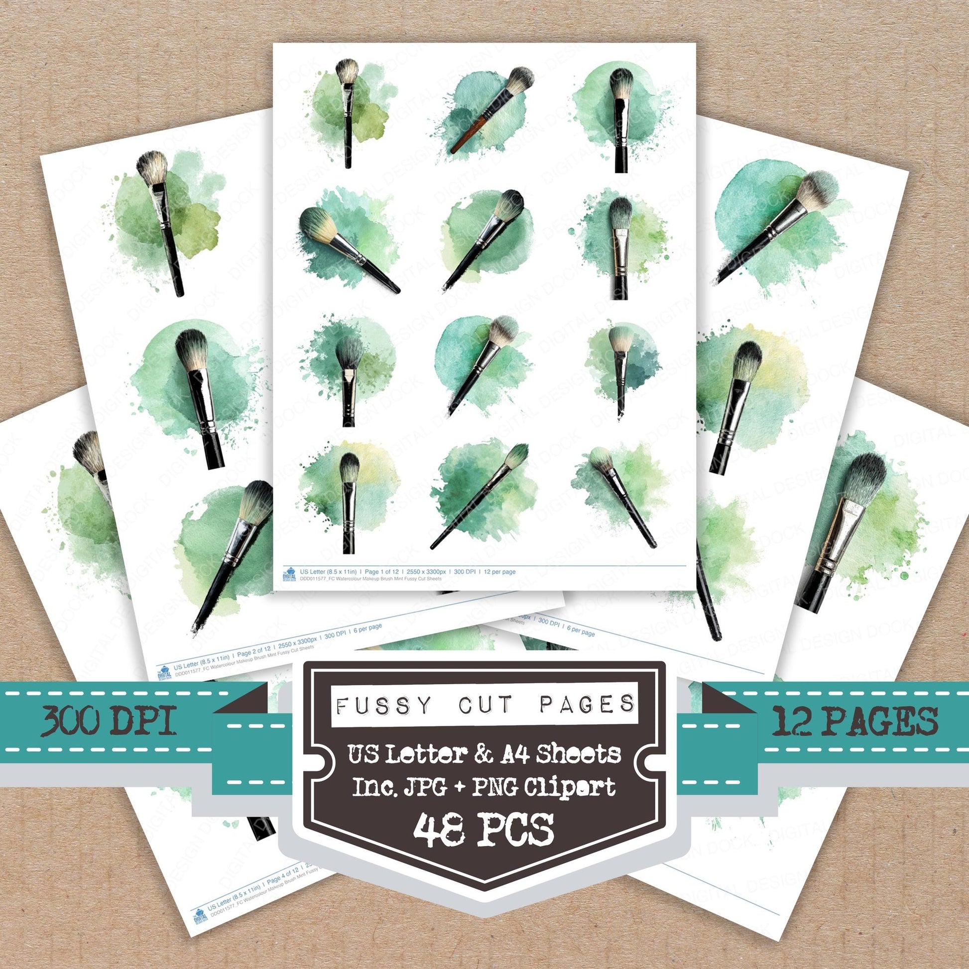 Watercolour Makeup Brush Mint fussy cut printable sheets for junk journaling, scrapbooking, and paper craft projects