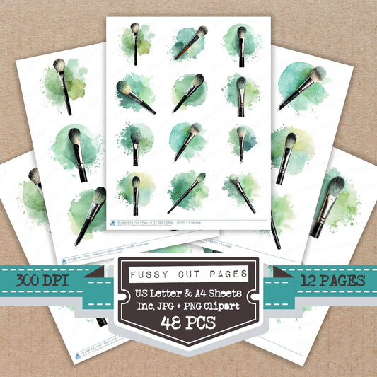 Watercolour Makeup Brush Mint fussy cut printable sheets for junk journaling, scrapbooking, and paper craft projects