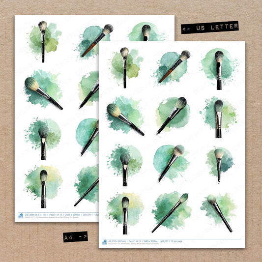 A4 and US Letter format comparison showing Watercolour Makeup Brush Mint fussy cut pages for print and cut crafting
