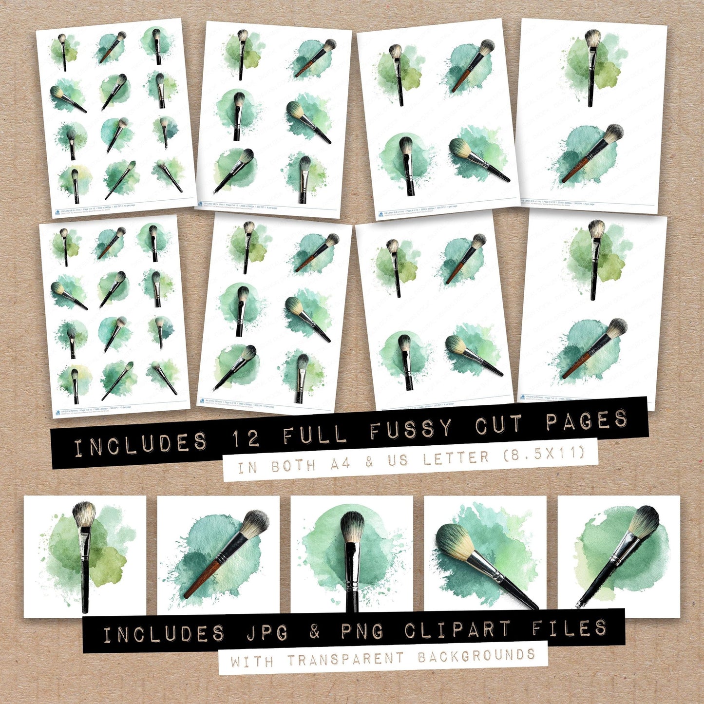 Full collection view of Watercolour Makeup Brush Mint fussy cut sheets with bonus clipart JPG and PNG files