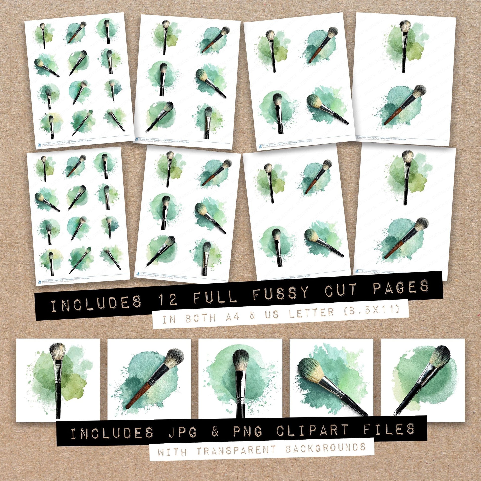 Full collection view of Watercolour Makeup Brush Mint fussy cut sheets with bonus clipart JPG and PNG files