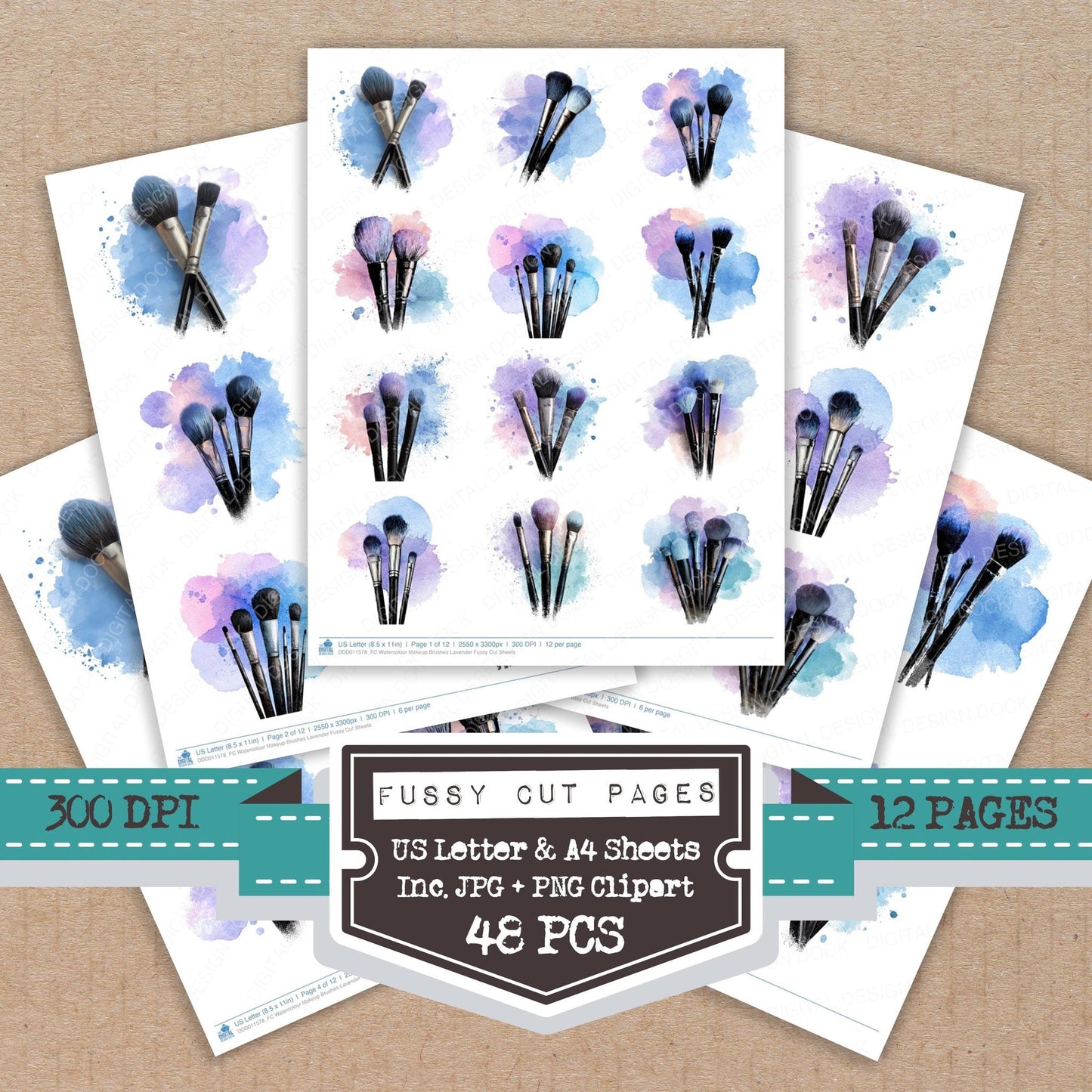 Watercolour Makeup Brushes Lavender Fussy Cut Sheets (DDD011578)