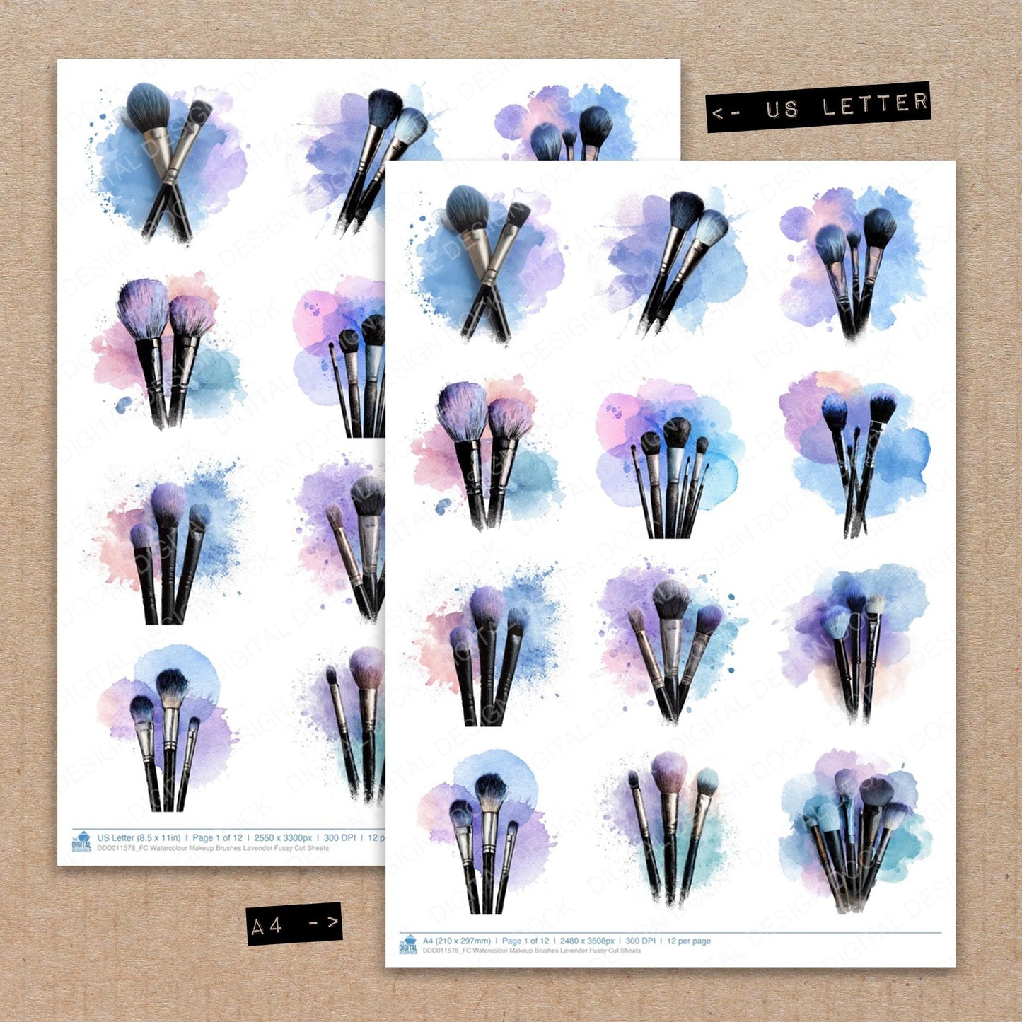 Watercolour Makeup Brushes Lavender Fussy Cut Sheets (DDD011578)