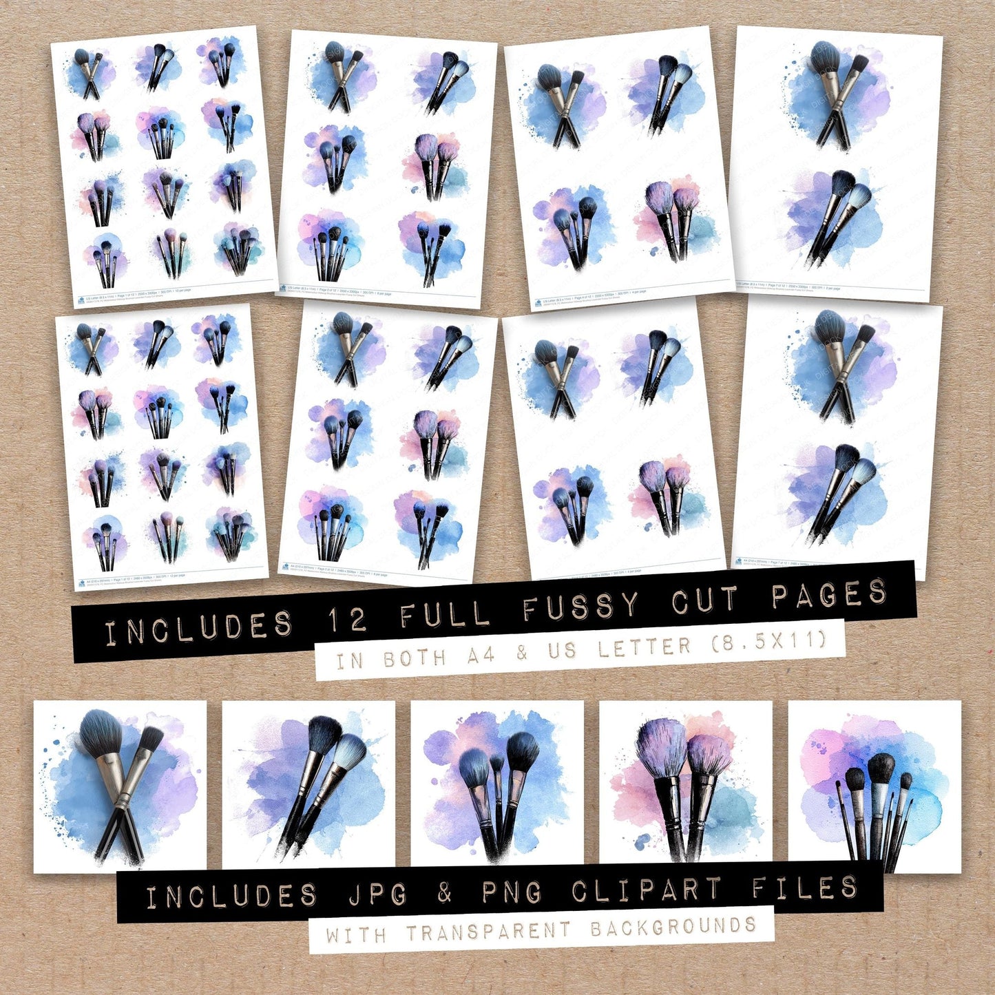Watercolour Makeup Brushes Lavender Fussy Cut Sheets (DDD011578)