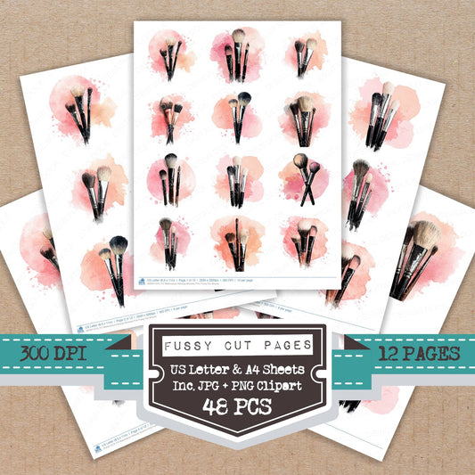 Watercolour Makeup Brushes Pink fussy cut printable sheets for junk journaling, scrapbooking, and paper craft projects