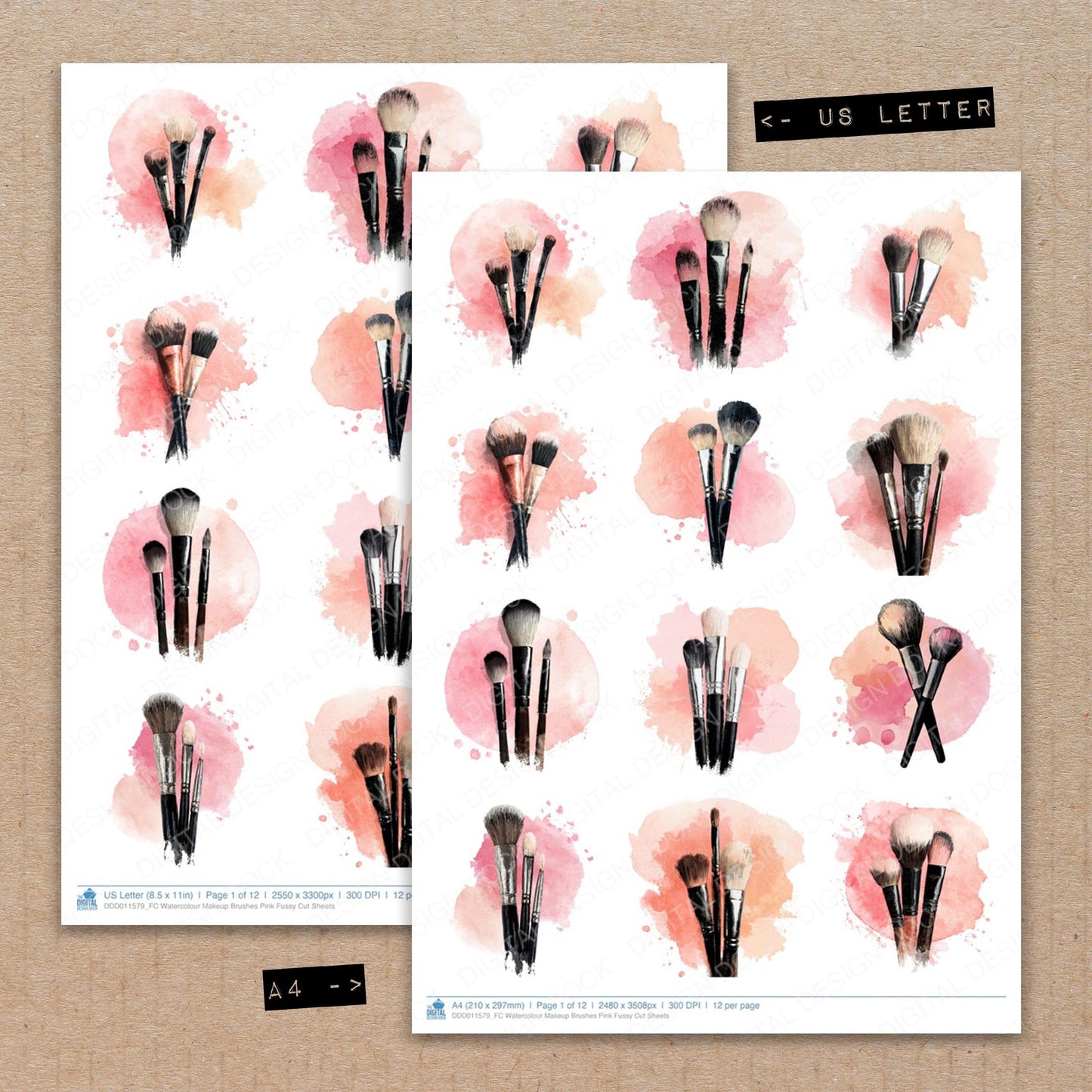A4 and US Letter format comparison showing Watercolour Makeup Brushes Pink fussy cut pages for print and cut crafting