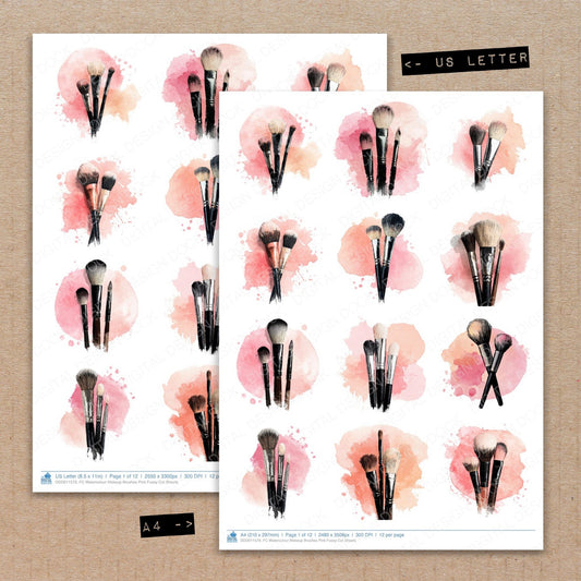 A4 and US Letter format comparison showing Watercolour Makeup Brushes Pink fussy cut pages for print and cut crafting