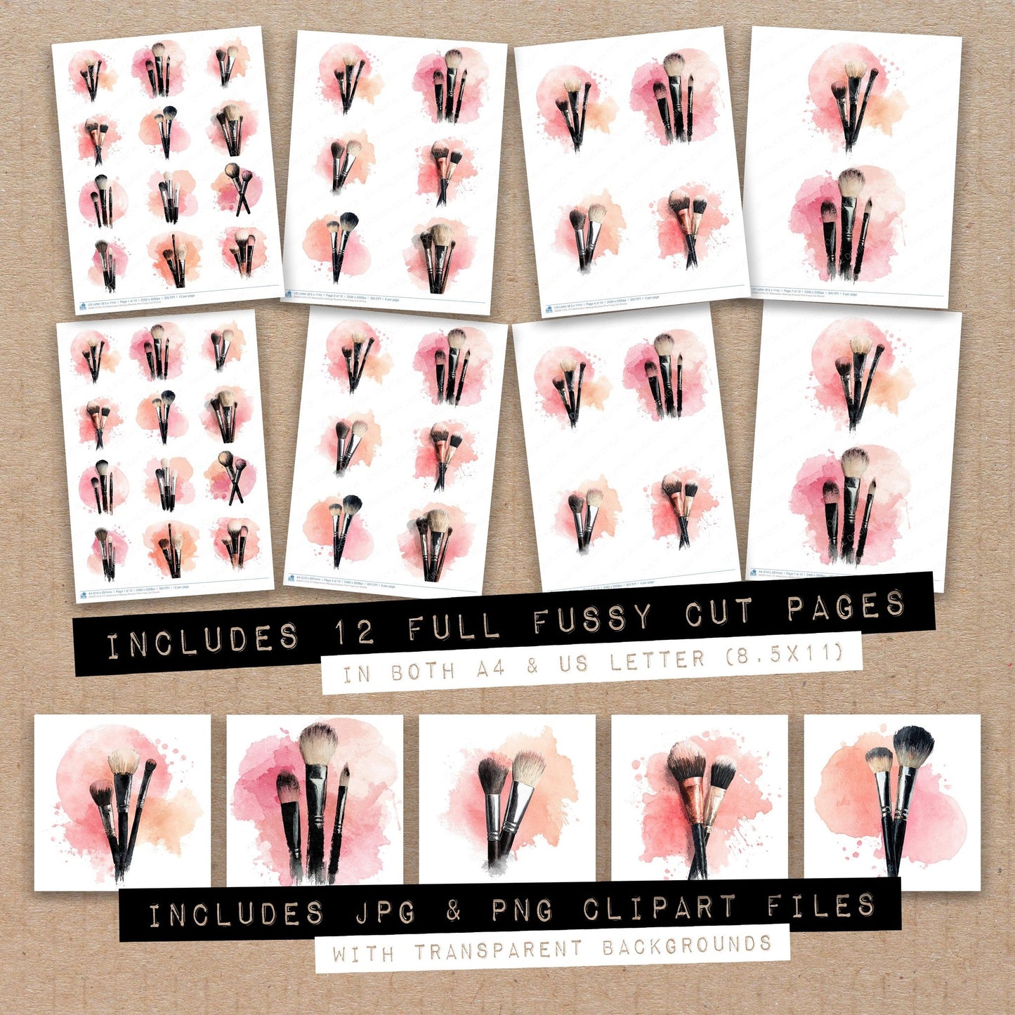 Full collection view of Watercolour Makeup Brushes Pink fussy cut sheets with bonus clipart JPG and PNG files