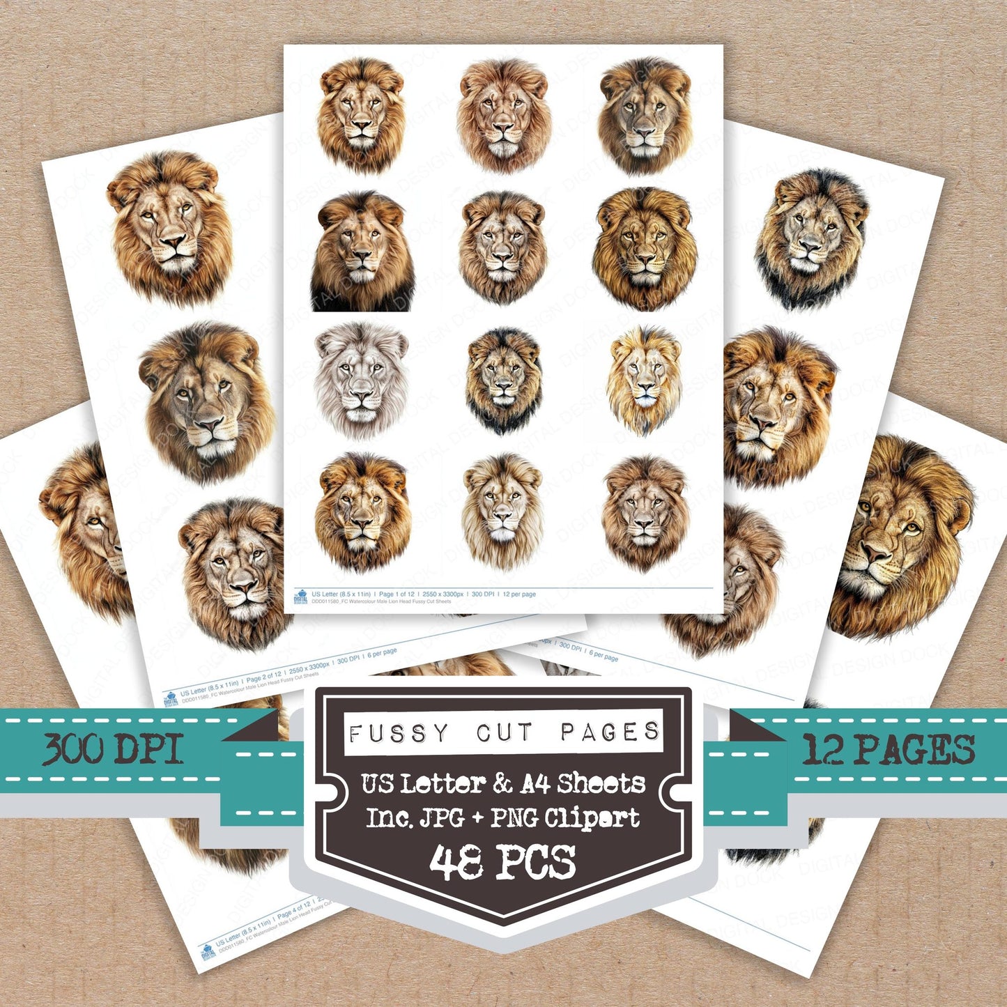 Watercolour Male Lion Head fussy cut printable sheets for junk journaling, scrapbooking, and paper craft projects