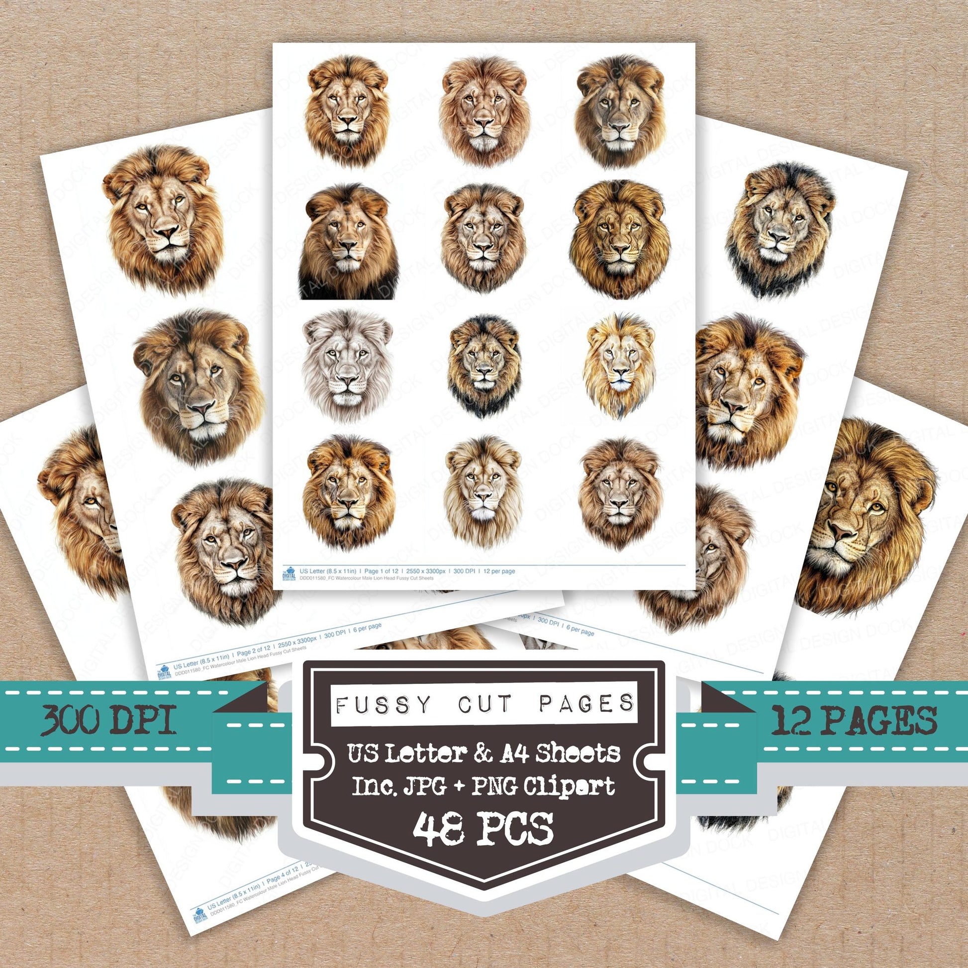 Watercolour Male Lion Head fussy cut printable sheets for junk journaling, scrapbooking, and paper craft projects