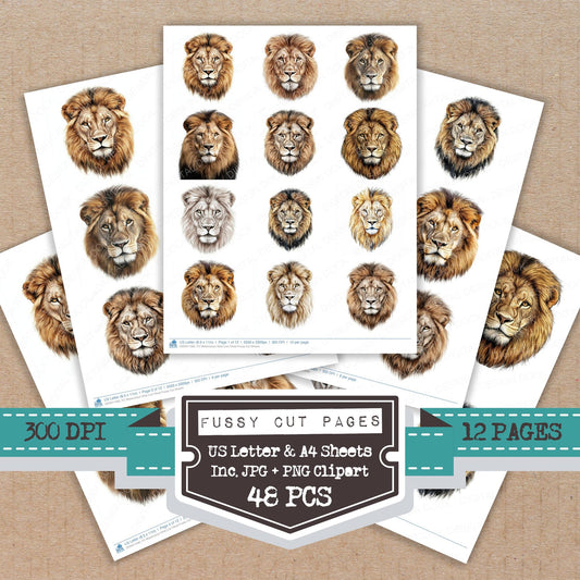Watercolour Male Lion Head fussy cut printable sheets for junk journaling, scrapbooking, and paper craft projects