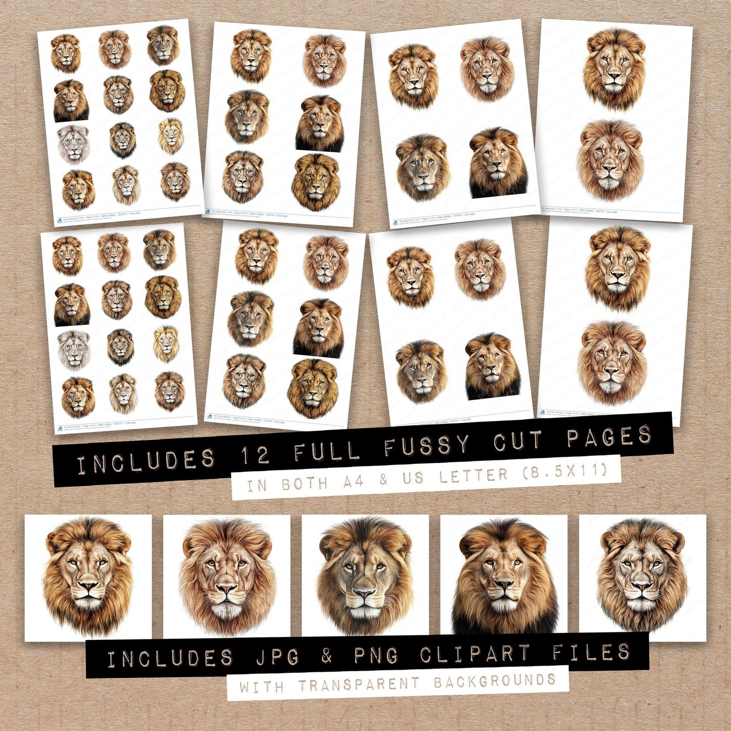 Full collection view of Watercolour Male Lion Head fussy cut sheets with bonus clipart JPG and PNG files