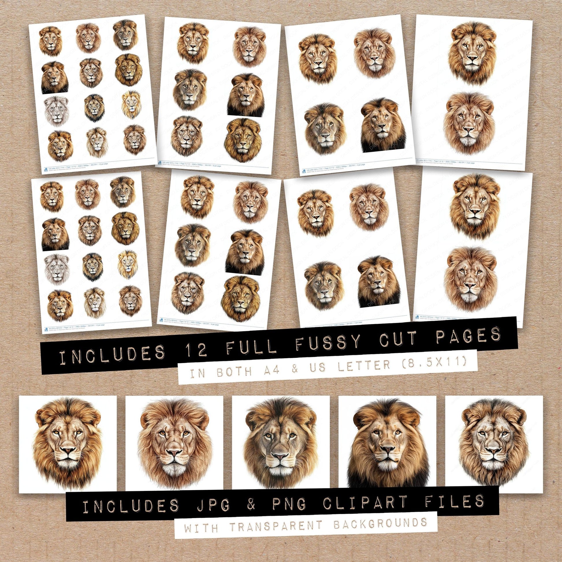 Full collection view of Watercolour Male Lion Head fussy cut sheets with bonus clipart JPG and PNG files