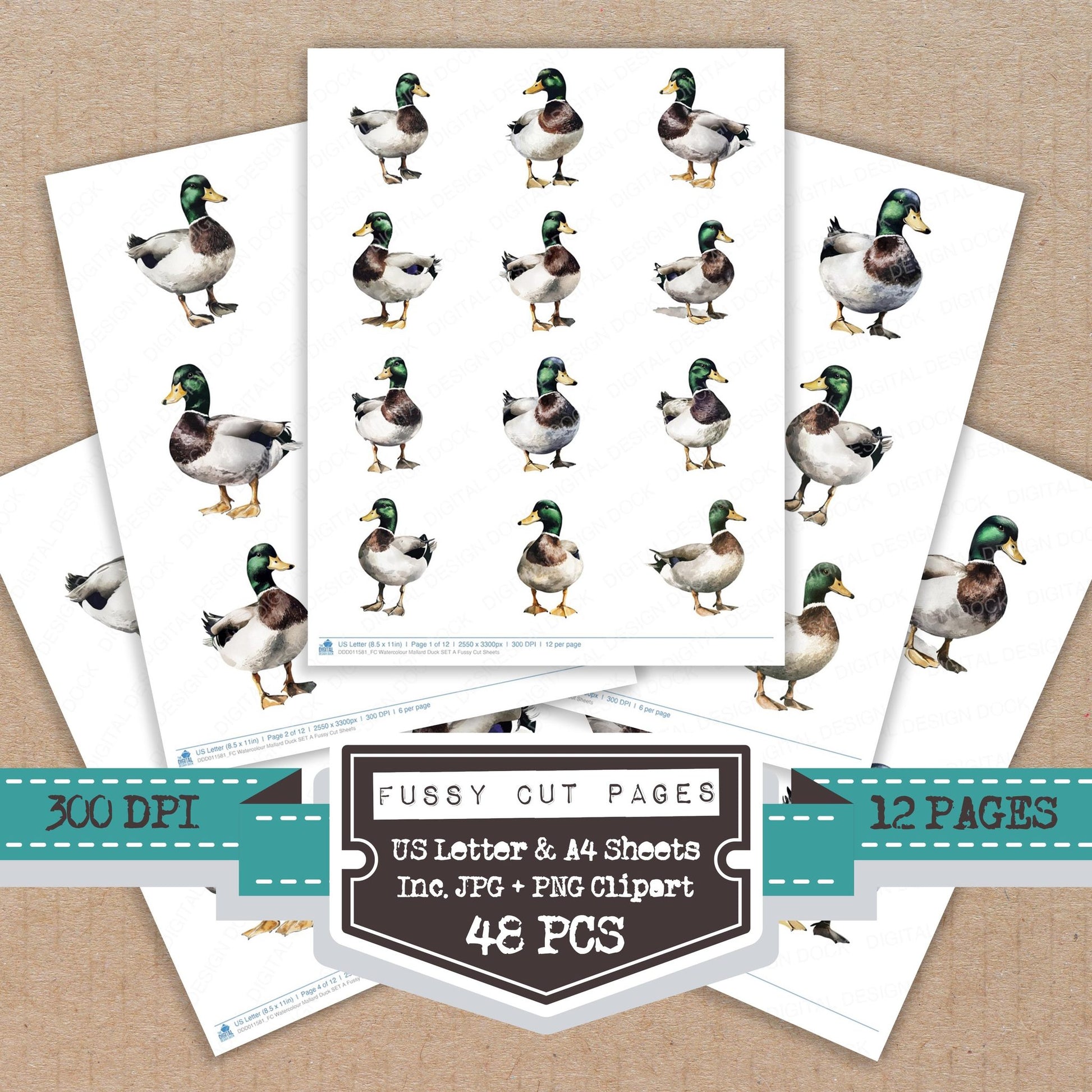 Watercolour Mallard Duck A fussy cut printable sheets for junk journaling, scrapbooking, and paper craft projects