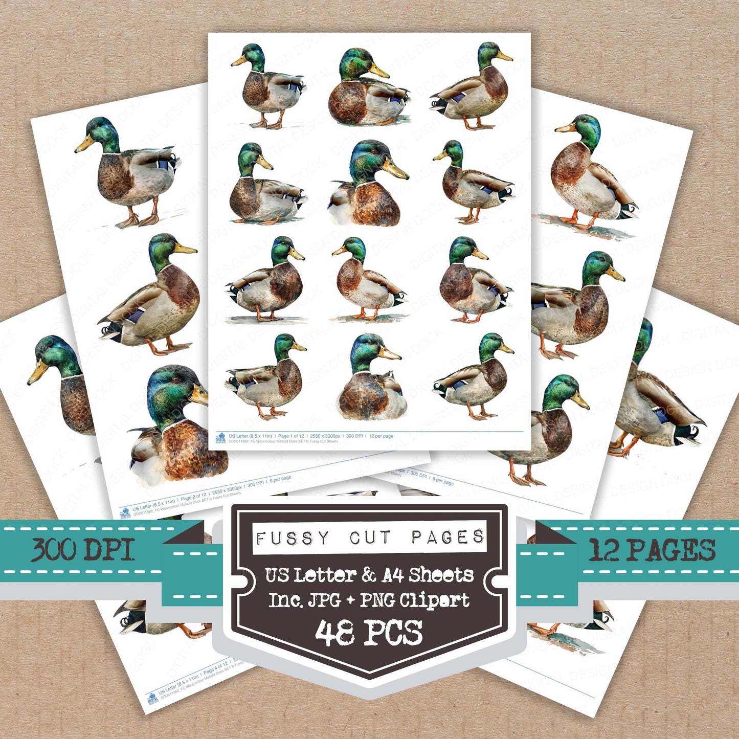 Watercolour Mallard Duck B fussy cut printable sheets for junk journaling, scrapbooking, and paper craft projects