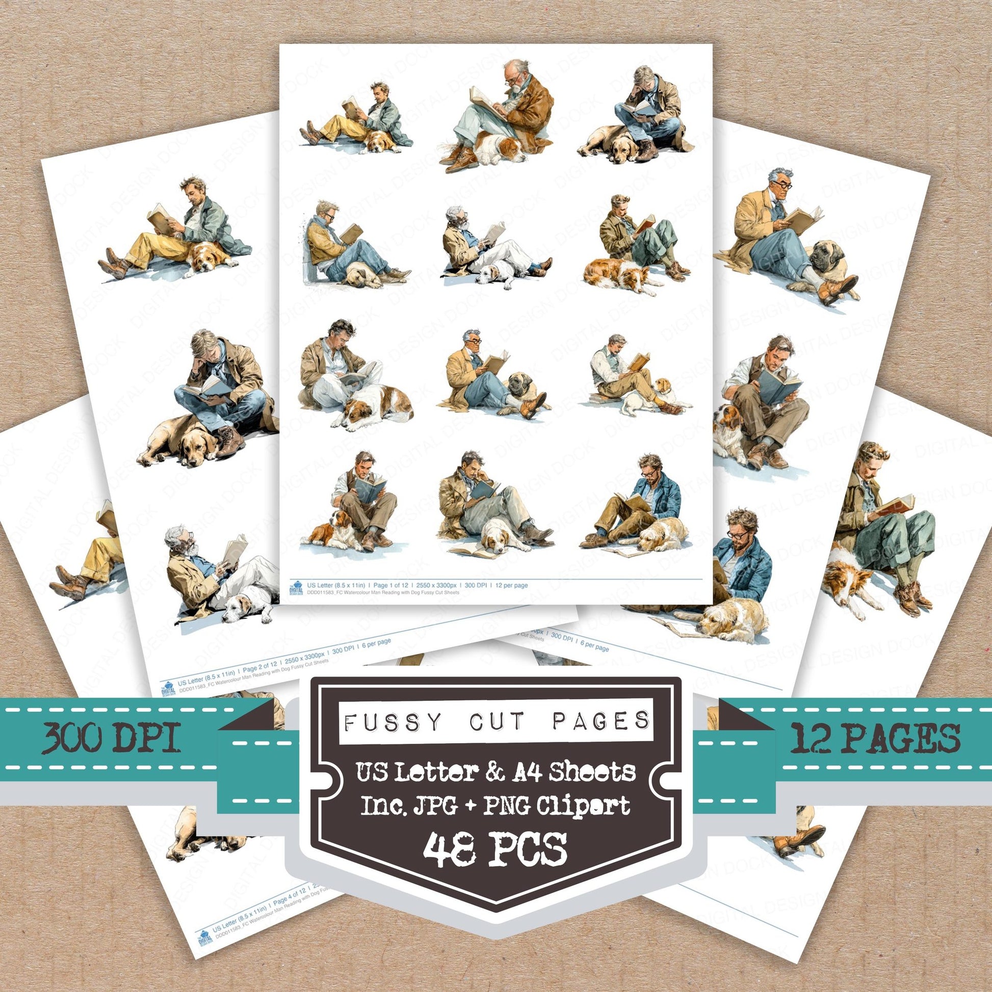 Watercolour Man Reading with Dog fussy cut printable sheets for junk journaling, scrapbooking, and paper craft projects