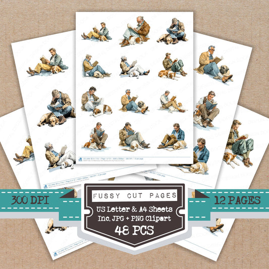 Watercolour Man Reading with Dog fussy cut printable sheets for junk journaling, scrapbooking, and paper craft projects