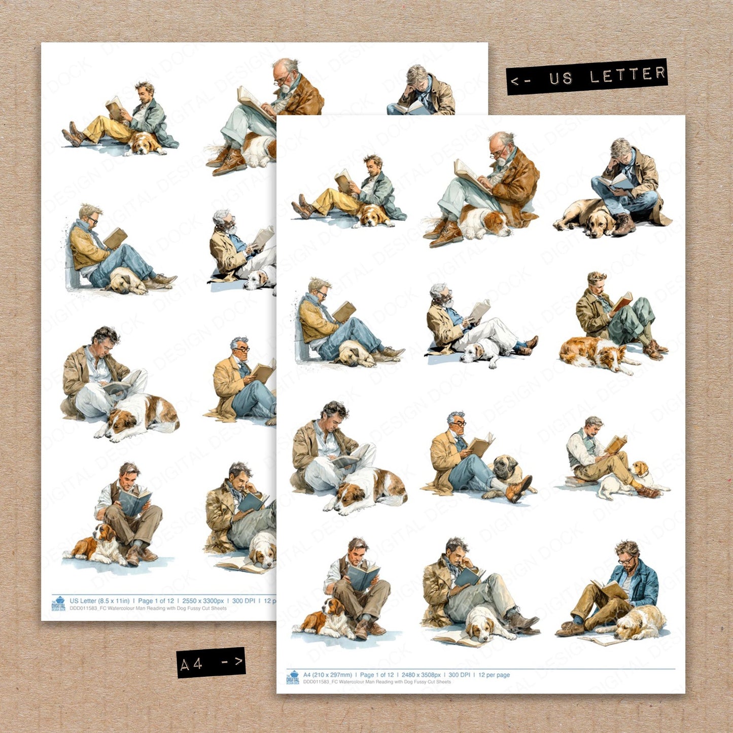 A4 and US Letter format comparison showing Watercolour Man Reading with Dog fussy cut pages for print and cut crafting