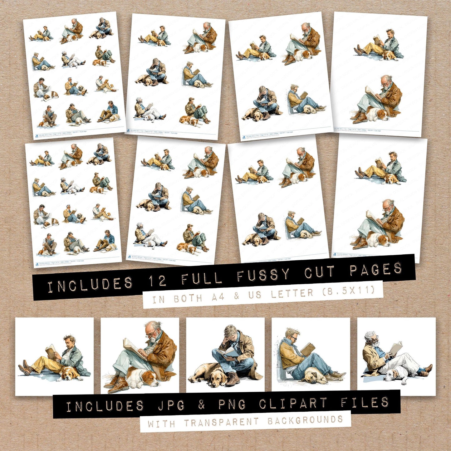 Full collection view of Watercolour Man Reading with Dog fussy cut sheets with bonus clipart JPG and PNG files