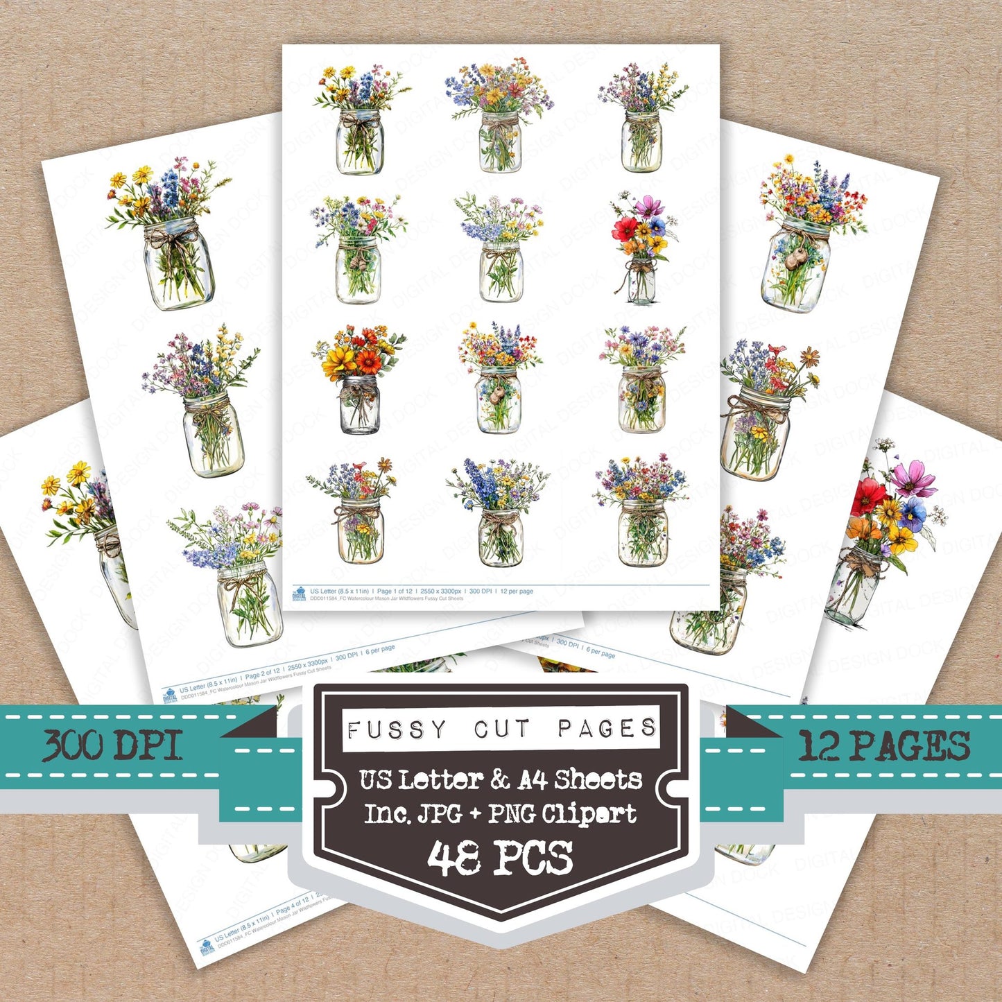 Watercolour Mason Jar Wildflowers fussy cut printable sheets for junk journaling, scrapbooking, and paper craft projects