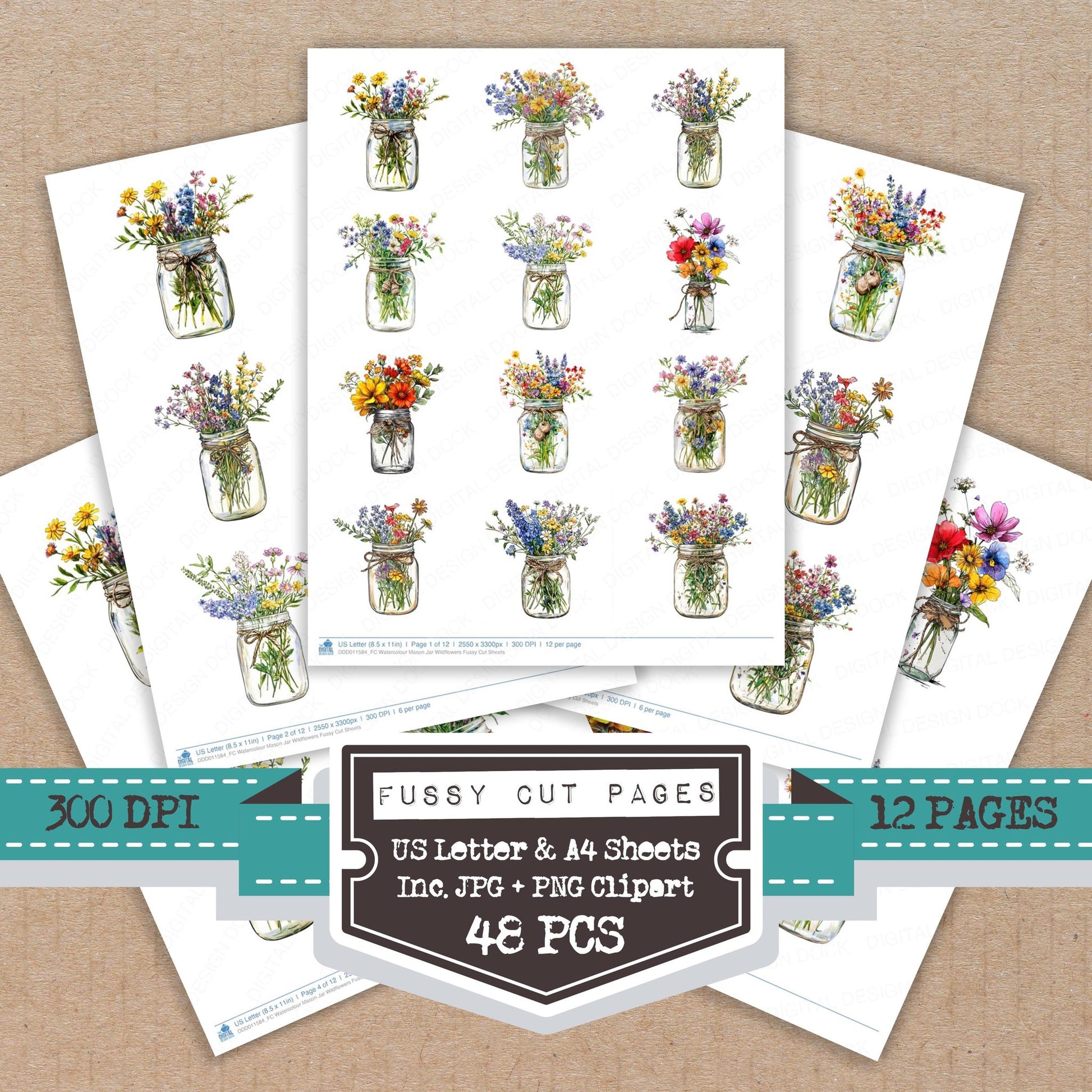 Watercolour Mason Jar Wildflowers fussy cut printable sheets for junk journaling, scrapbooking, and paper craft projects