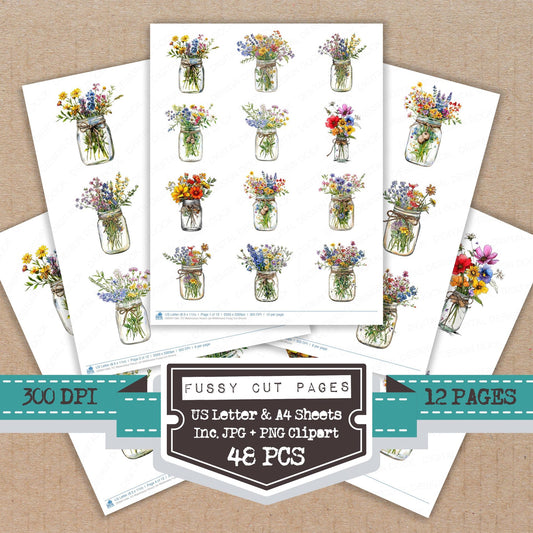 Watercolour Mason Jar Wildflowers fussy cut printable sheets for junk journaling, scrapbooking, and paper craft projects