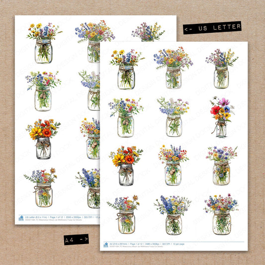 A4 and US Letter format comparison showing Watercolour Mason Jar Wildflowers fussy cut pages for print and cut crafting