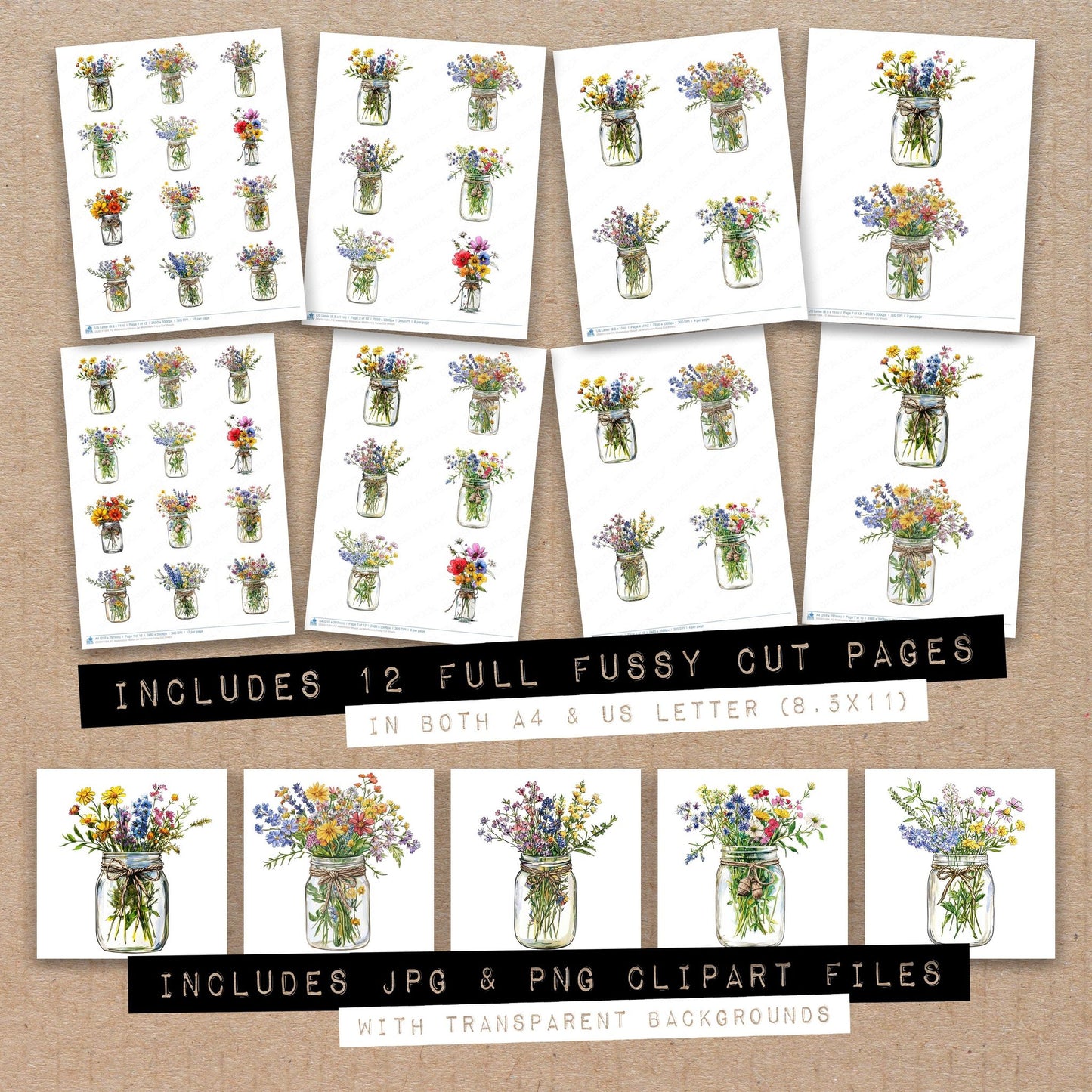 Full collection view of Watercolour Mason Jar Wildflowers fussy cut sheets with bonus clipart JPG and PNG files