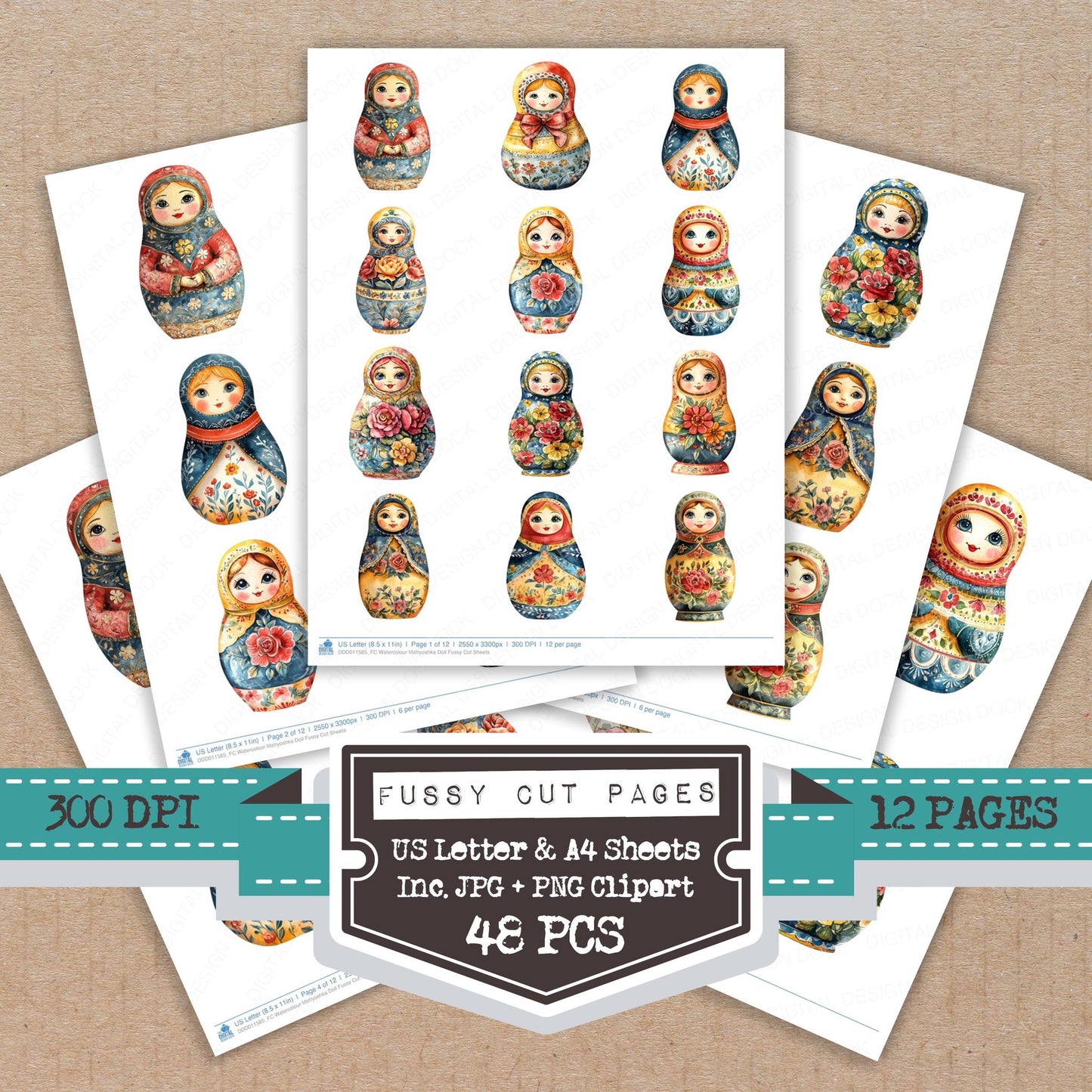 Watercolour Matryoshka Doll fussy cut printable sheets for junk journaling, scrapbooking, and paper craft projects