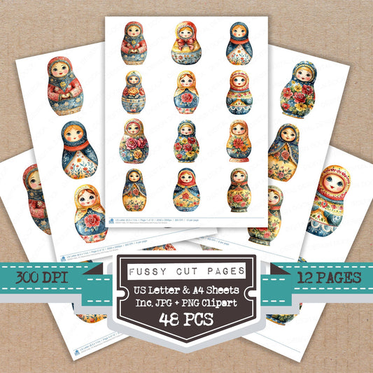 Watercolour Matryoshka Doll fussy cut printable sheets for junk journaling, scrapbooking, and paper craft projects