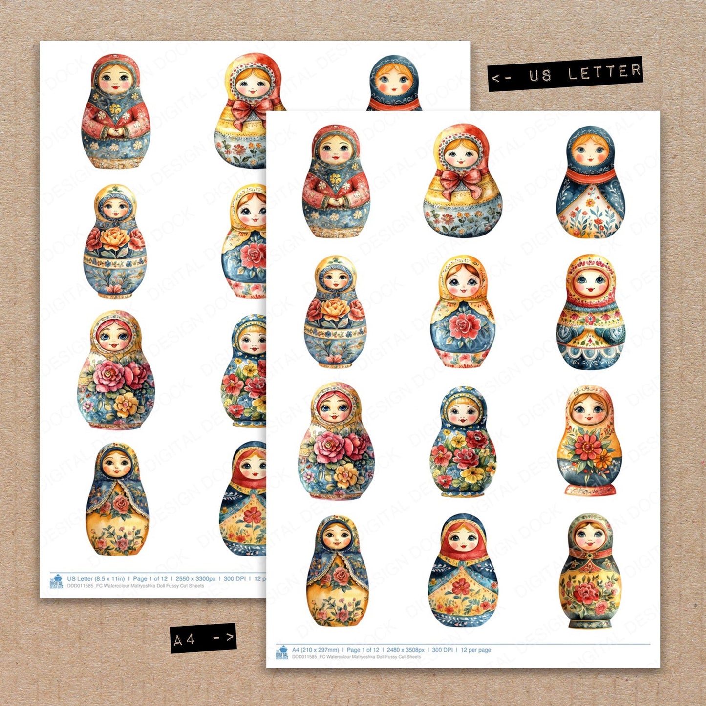 A4 and US Letter format comparison showing Watercolour Matryoshka Doll fussy cut pages for print and cut crafting