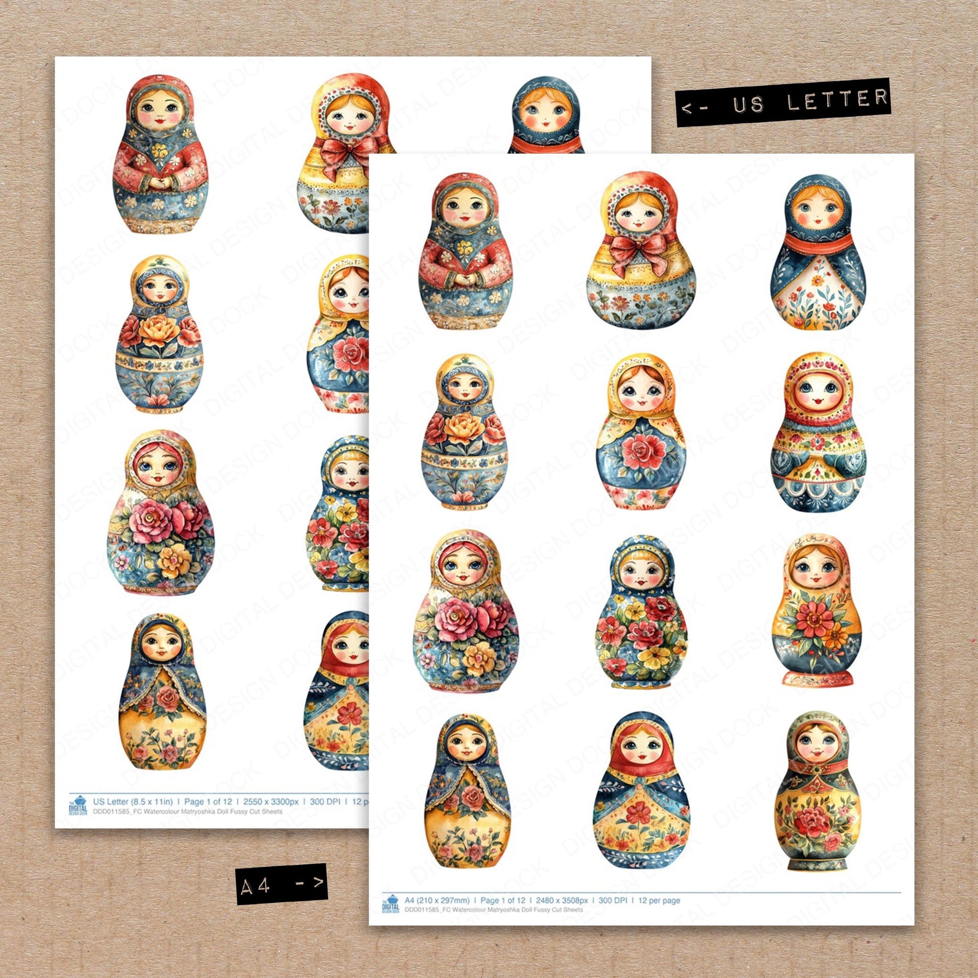 A4 and US Letter format comparison showing Watercolour Matryoshka Doll fussy cut pages for print and cut crafting