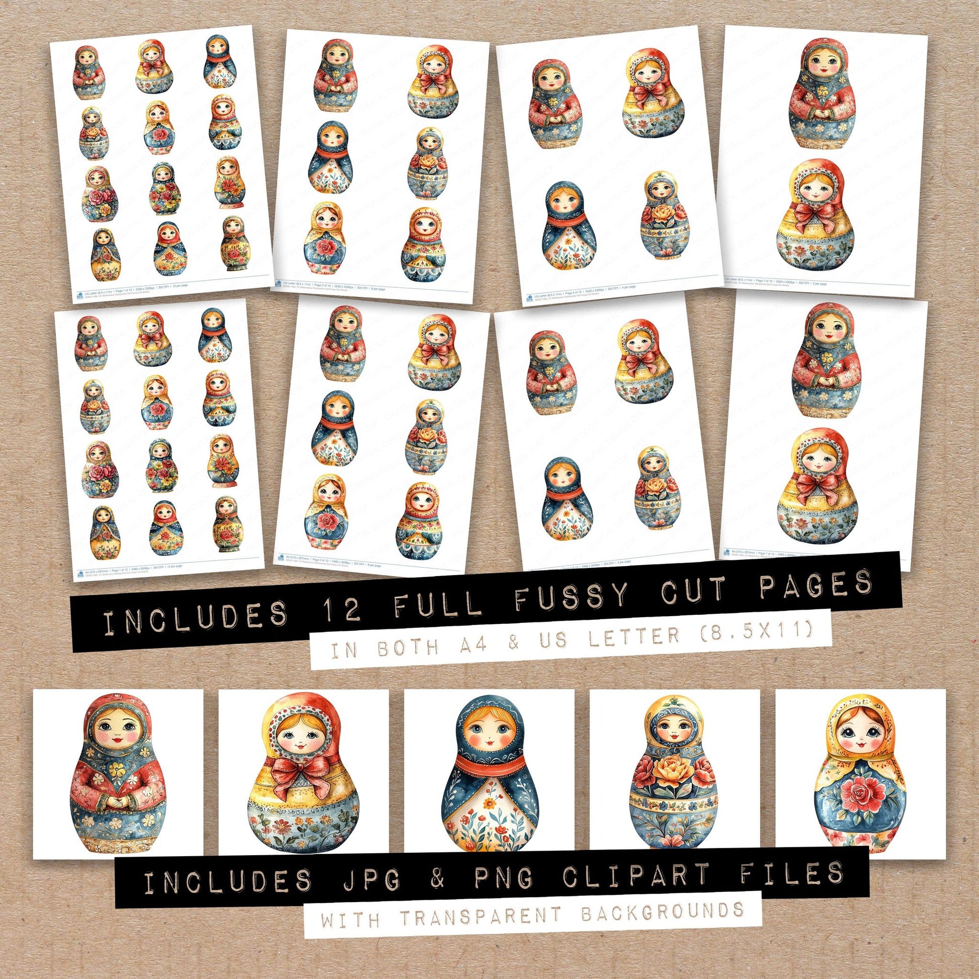 Full collection view of Watercolour Matryoshka Doll fussy cut sheets with bonus clipart JPG and PNG files