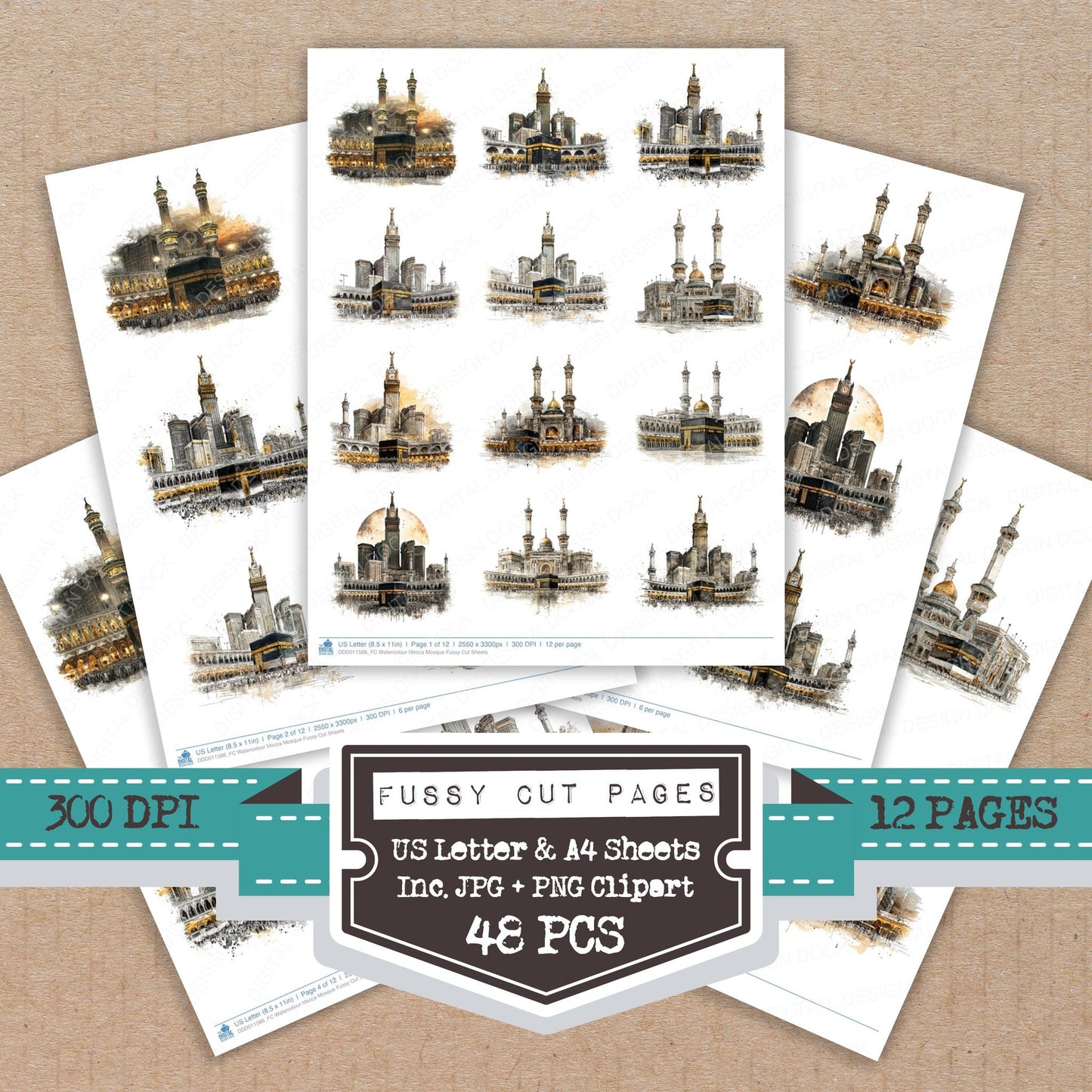 Watercolour Mecca Mosque fussy cut printable sheets for junk journaling, scrapbooking, and paper craft projects