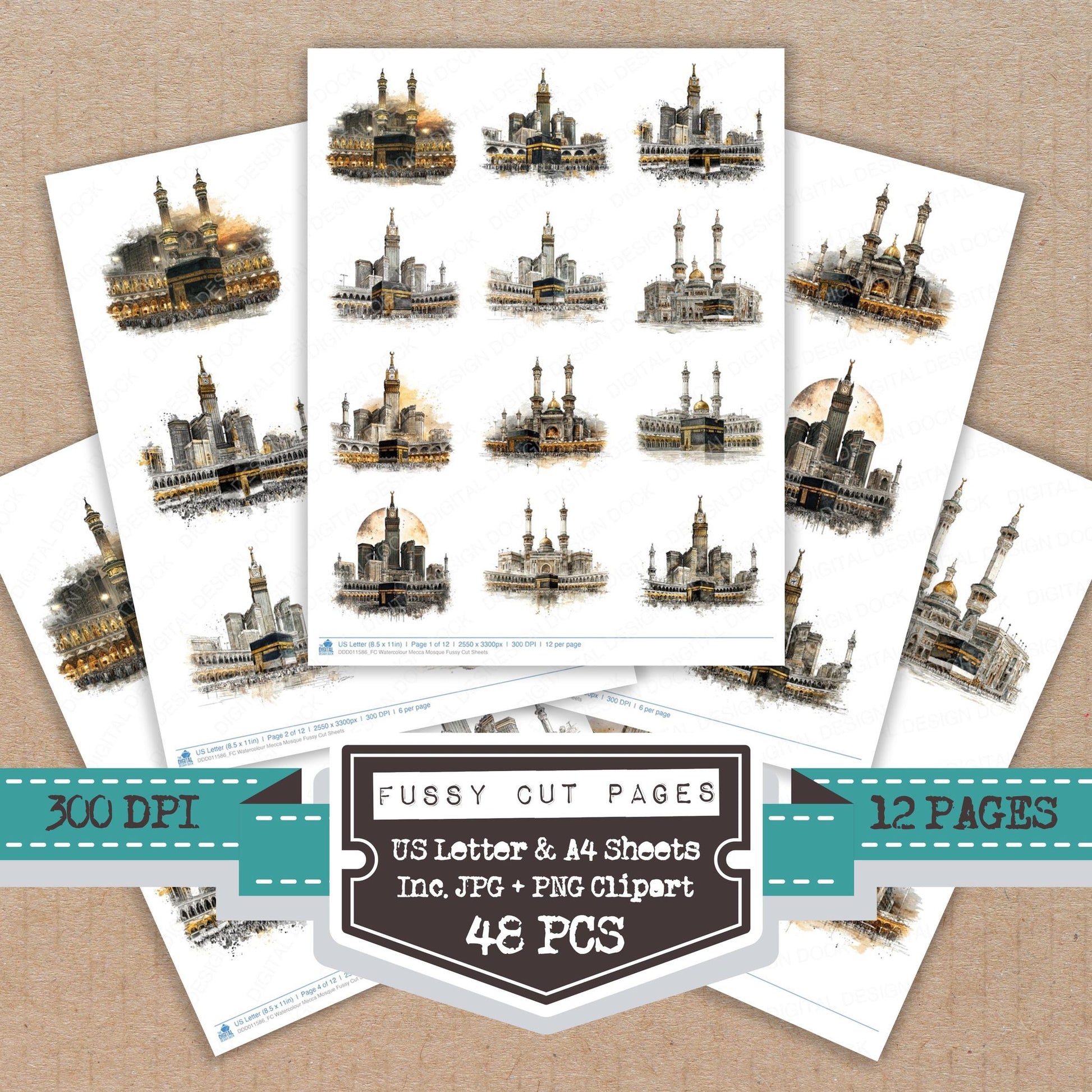 Watercolour Mecca Mosque fussy cut printable sheets for junk journaling, scrapbooking, and paper craft projects