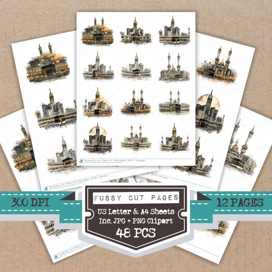 Watercolour Mecca Mosque fussy cut printable sheets for junk journaling, scrapbooking, and paper craft projects